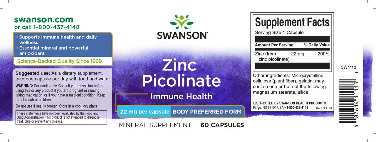Swanson Zinc Picolinate - 22 mg 60 capsules supplement bottle for immune system and prostate health.