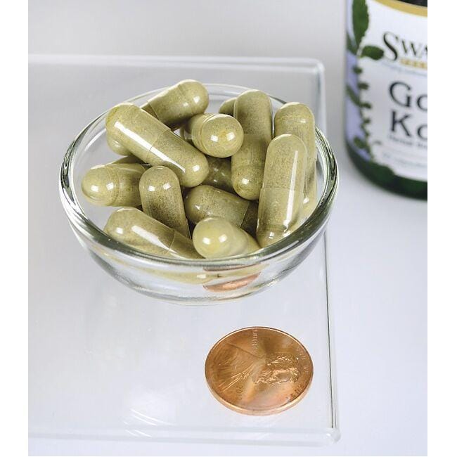 Swanson Gotu kola - 435 mg 60 capsules in a bowl next to a penny.