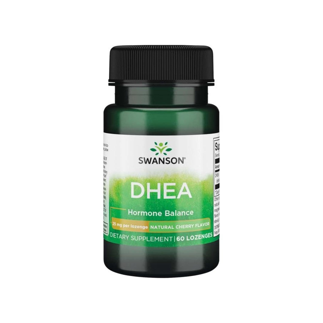 A bottle of Swanson - DHEA - 25 mg 60 lozenges Cherry Flavor.
