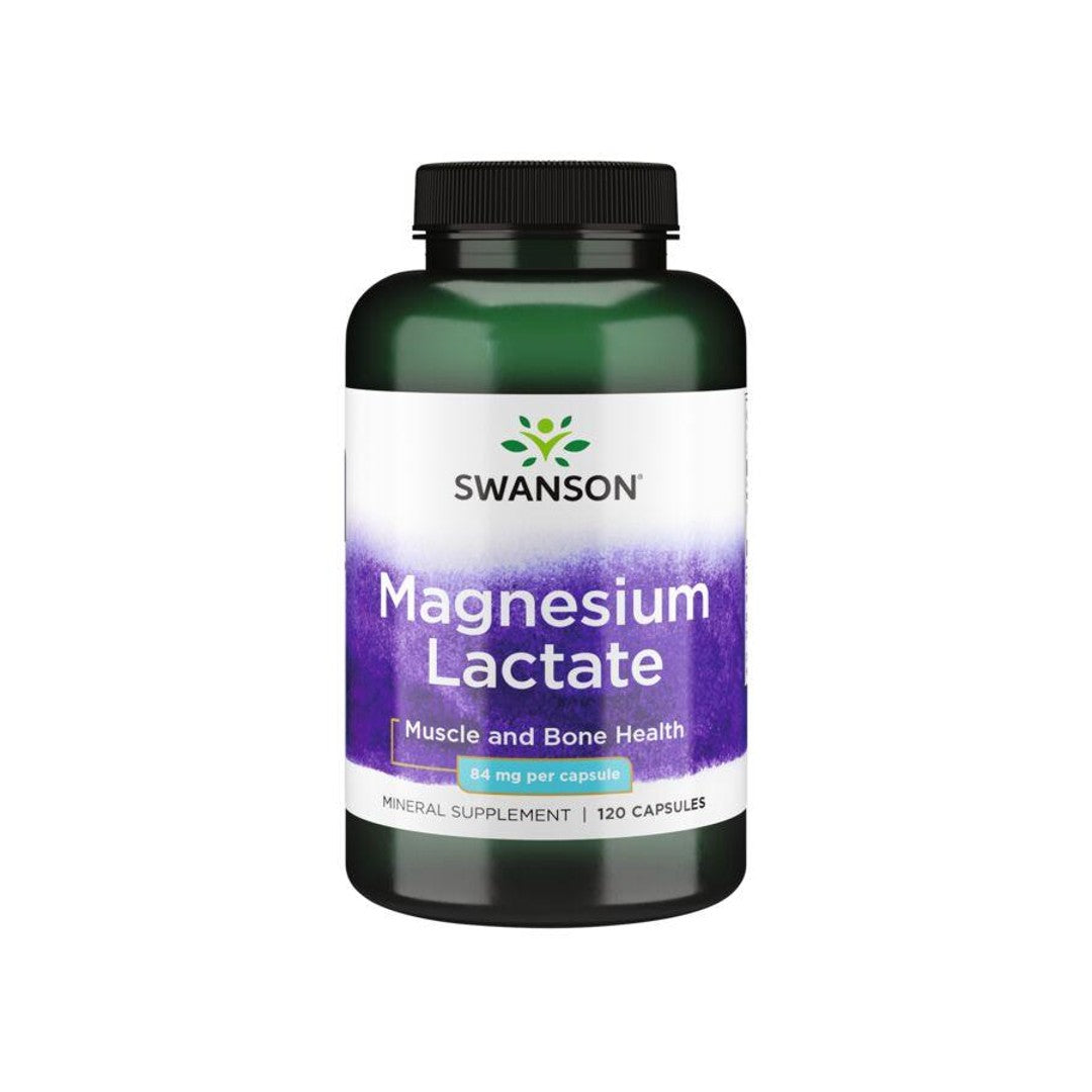 A bottle of Swanson Magnesium Lactate - 84 mg 120 capsules.