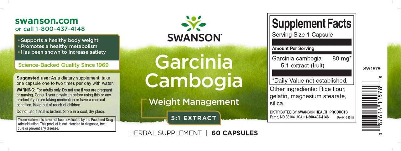 Swanson Garcinia Cambogia 5:1 Extract - 60 capsules weight loss supplement.