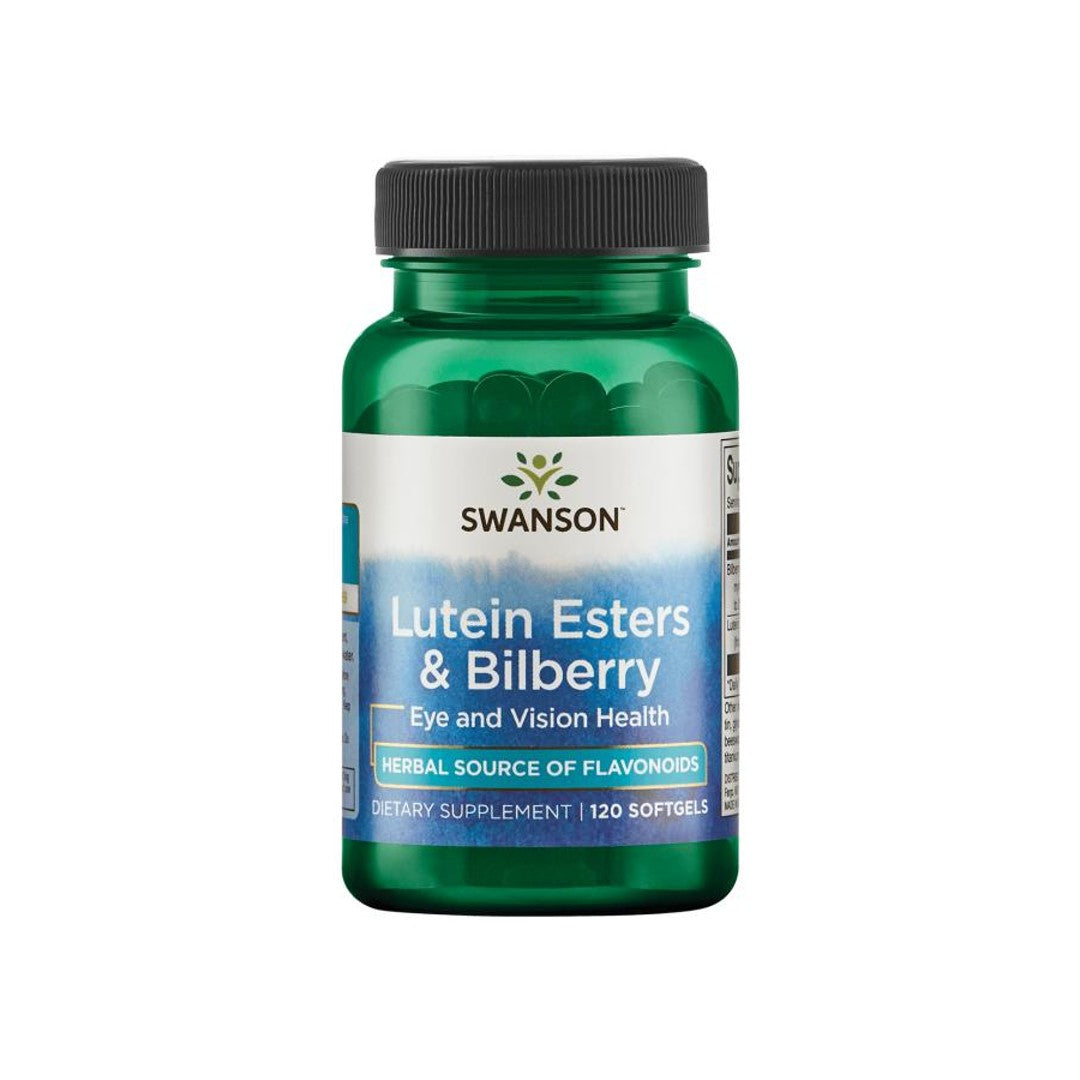 Swanson Lutein Esters 6 mg & Bilberry 20 mg supplements for eye health containing 120 softgels.