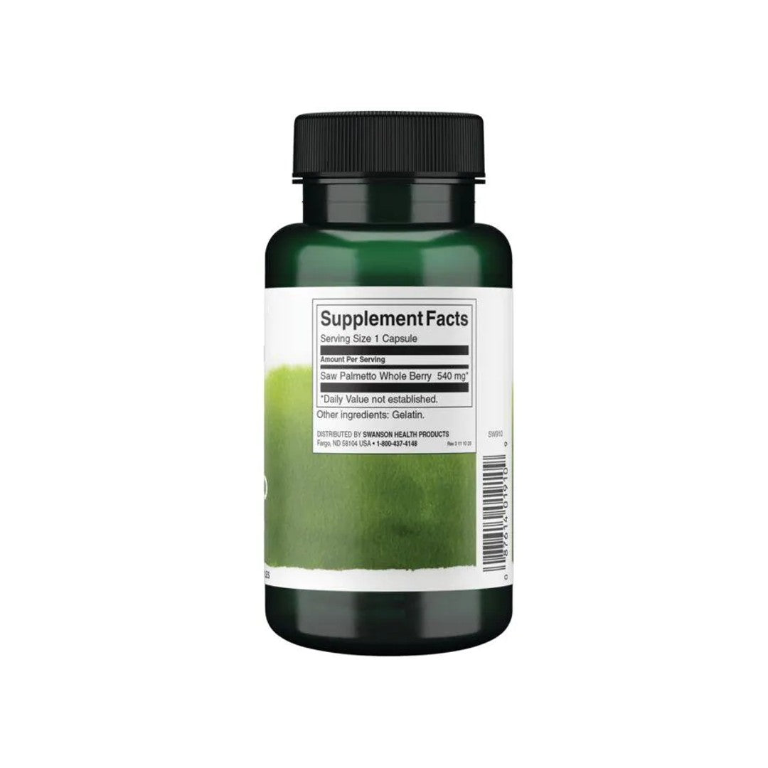 A bottle of Saw Palmetto - 540 mg 100 capsules by Swanson with prostate support on a white background.