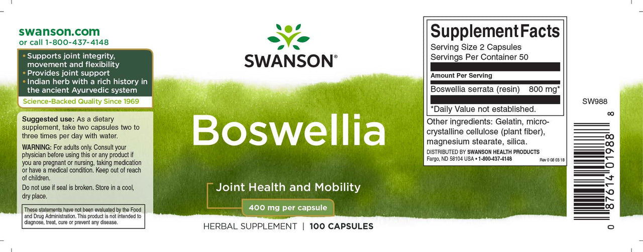 The dietary supplement label for Boswellia - 400 mg 100 capsules from Swanson.