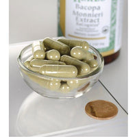 Thumbnail for A bottle of dietary supplement Bacopa Monnieri capsules by Swanson with a penny next to it.