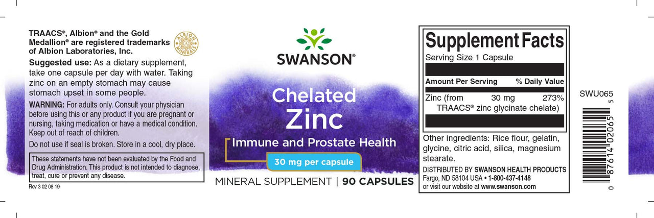 Swanson Zinc - 30 mg 90 capsules Albion Chelated supplement for immune function and vision support.