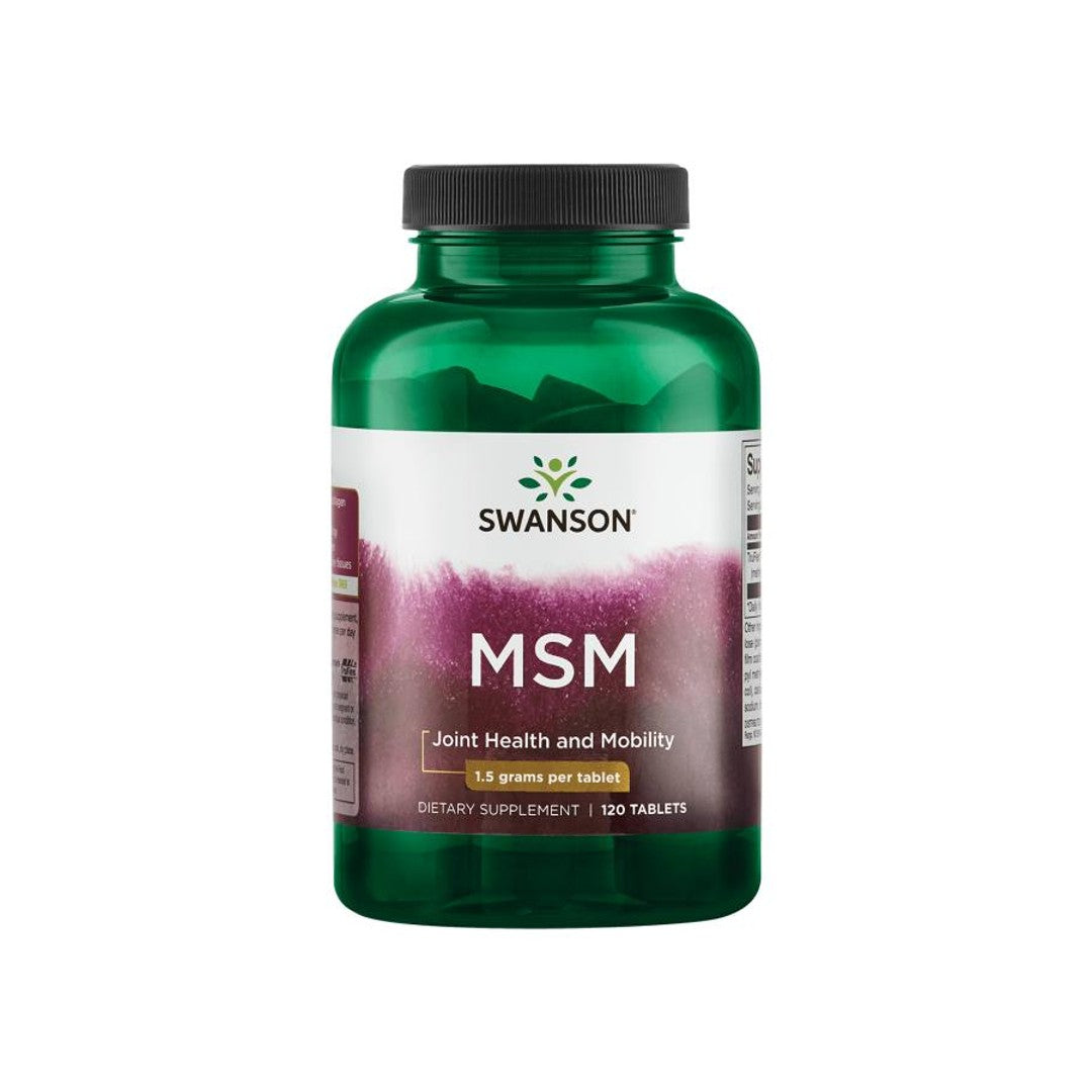 A white background showcasing a bottle of Swanson MSM - 1,500 mg 120 tabs, known for its joint health benefits and anti-inflammatory properties.