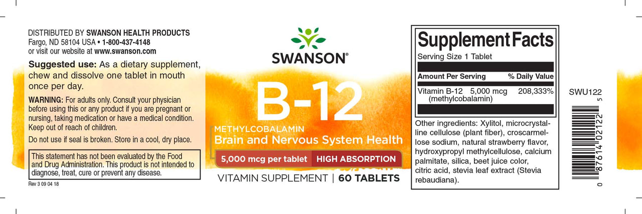 Swanson Vitamin B-12 - 5000 mcg 60 tabs Methylcobalamin supplement label, specifically formulated to support optimal brain functioning.