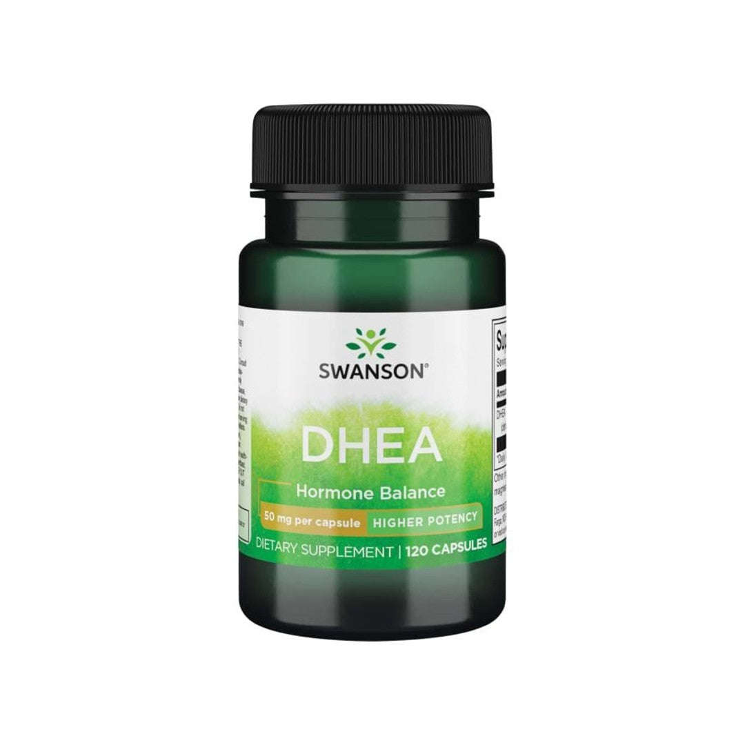 A bottle of Swanson DHEA - 50 mg 120 capsules.