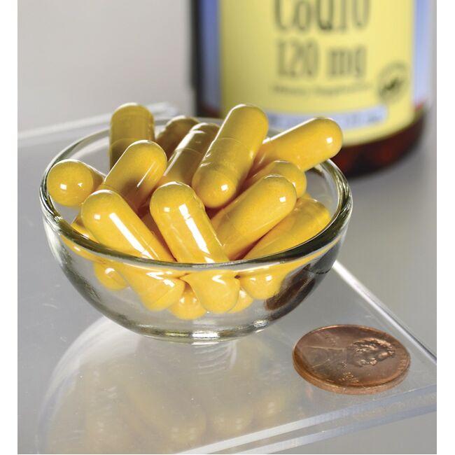 Swanson Coenzyme Q10 - 120 mg 100 capsules in a glass bowl next to a bottle.