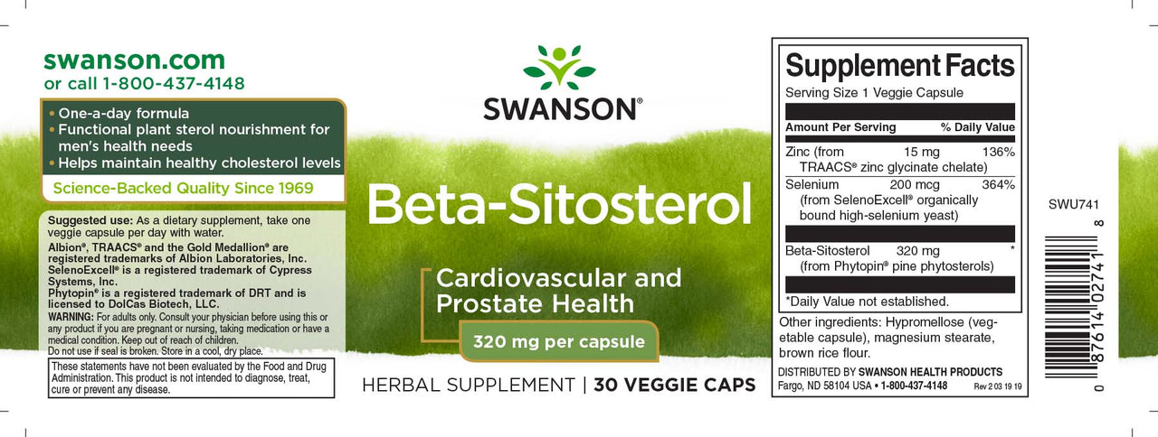 Swanson Beta-Sitosterol - 320 mg 30 vege capsules dietary supplement label.