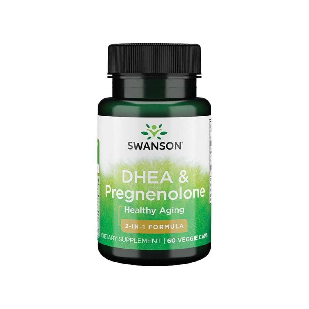 A bottle of Swanson DHEA - 25 mg and Pregnenolone - 100 mg Complex 60 Veggie Capsules dietary supplements for healthy ageing.