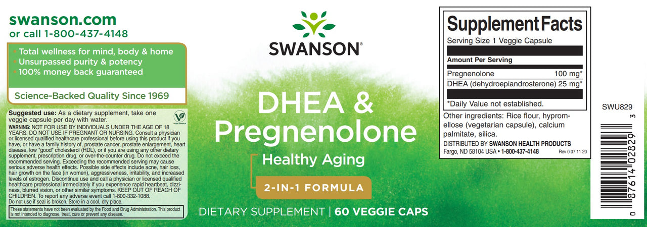 Packaging for Swanson's DHEA - 25 mg and Pregnenolone - 100 mg Complex dietary supplement, promoting healthy ageing with a 2-in-1 formula in veggie capsules.