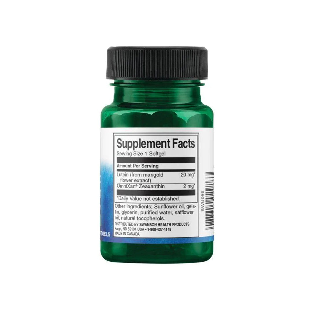 A bottle of Swanson's Synergistic Eye Health - Lutein & Zeaxanthin - 60 softgel with a label that mentions zeaxanthin and lutein.