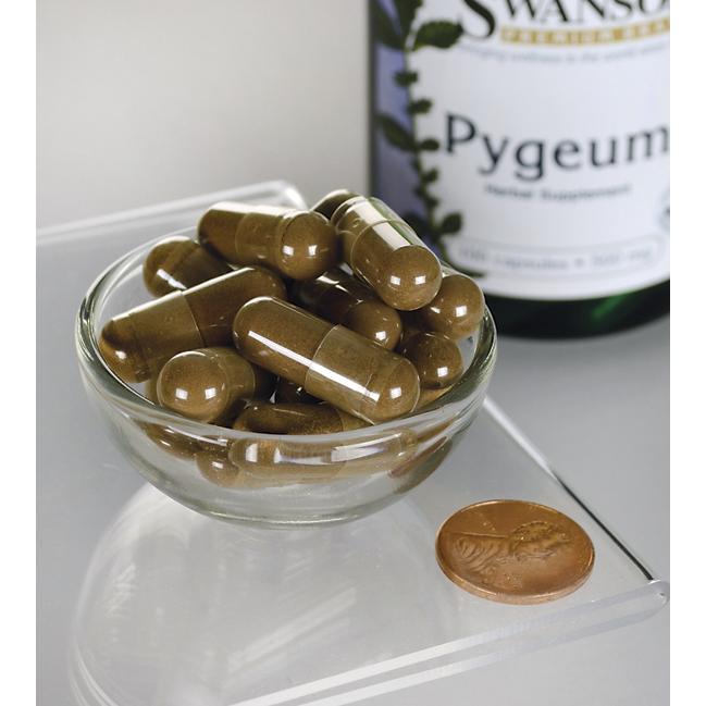 Swanson Pygeum - 500 mg 100 capsules in a bowl next to a bottle of Swanson Pygeum for prostate health.