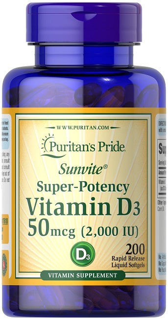 Puritan's Pride Vitamin D3 2000 IU 200 Rapid Release Liquid Softgels promotes calcium absorption and supports bone growth with its high concentration of vitamin D3.