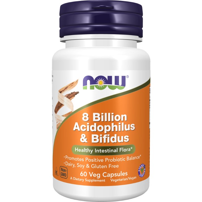 A bottle of Now Foods 8 Billion Acidophilus & Bifidus probiotic capsules, labeled "8 billion," promoting healthy intestinal flora, dairy, soy, and gluten-free.