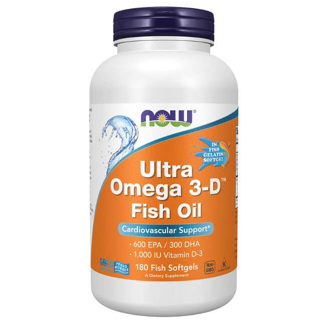 Bottle of Now Foods Ultra Omega 3-D Fish Oil 180 Fish Softgels supplement, featuring cardiovascular support information on the label.