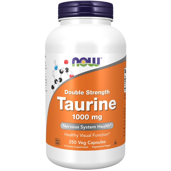 A bottle of Now Foods Taurine Double Strength 1000 mg 250 Veg Capsules dietary supplement, indicating it supports nervous system health, heart health, and healthy visual function.