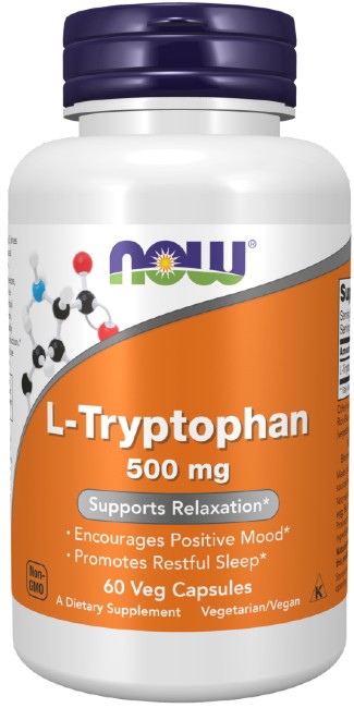 The Now Foods L-Tryptophan 500 mg 60 Vegetable Capsules aid in relaxation and sleep.