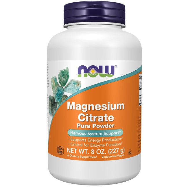 A bottle of Now Foods Magnesium Citrate Pure Powder 227 g, dietary supplement, labeled as supporting bone health and critical for enzyme function.