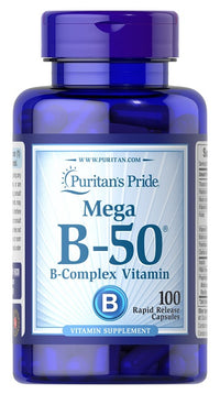 Thumbnail for Puritan's Pride Vitamin B-50 Complex 100 Rapid Release Capsules supports cardiovascular and mental health.