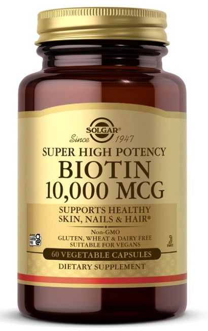 Super high potency Biotin 10000 mcg dietary supplement.