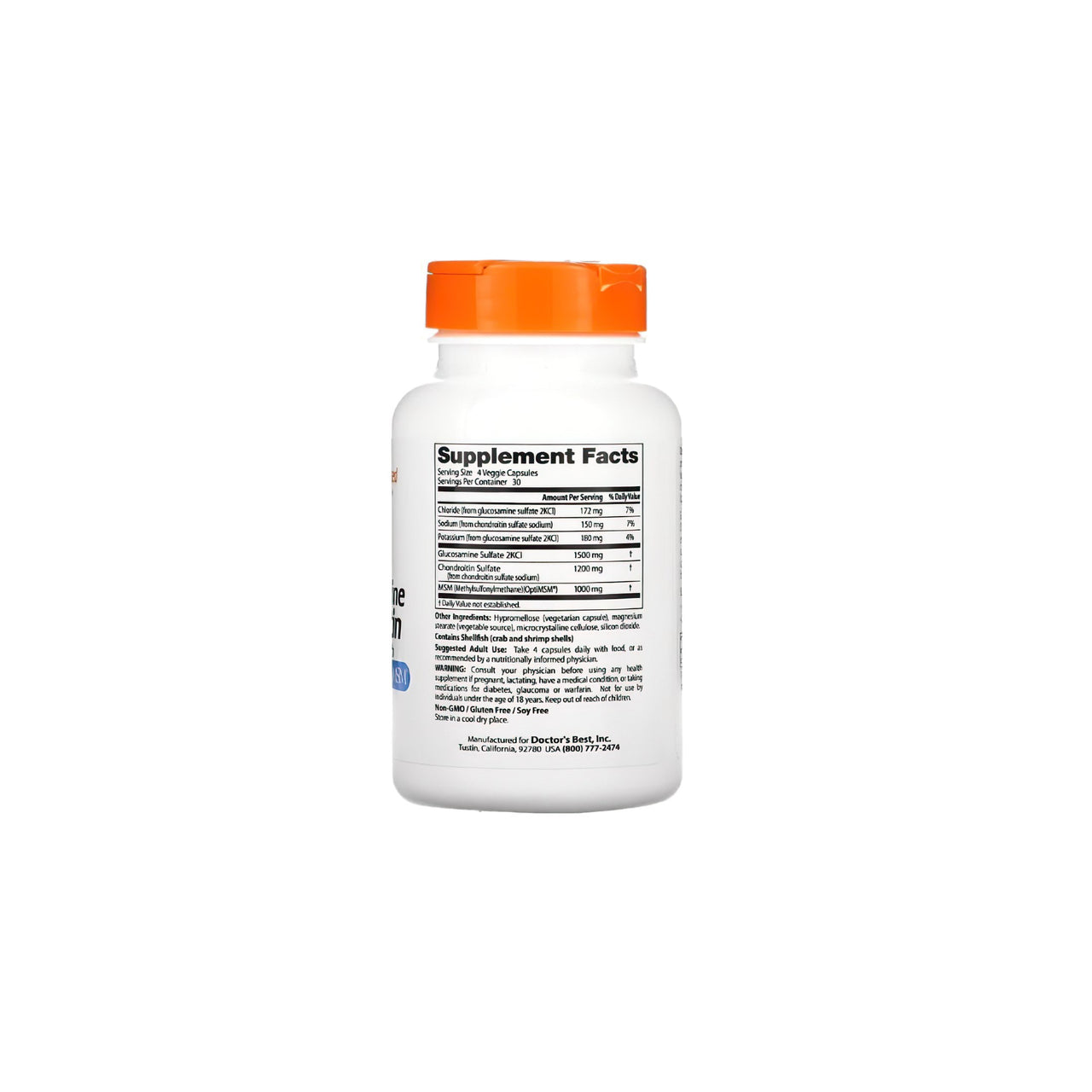 A bottle of Doctor's Best Glucosamine Chondroitin MSM 120 capsules on a white background.