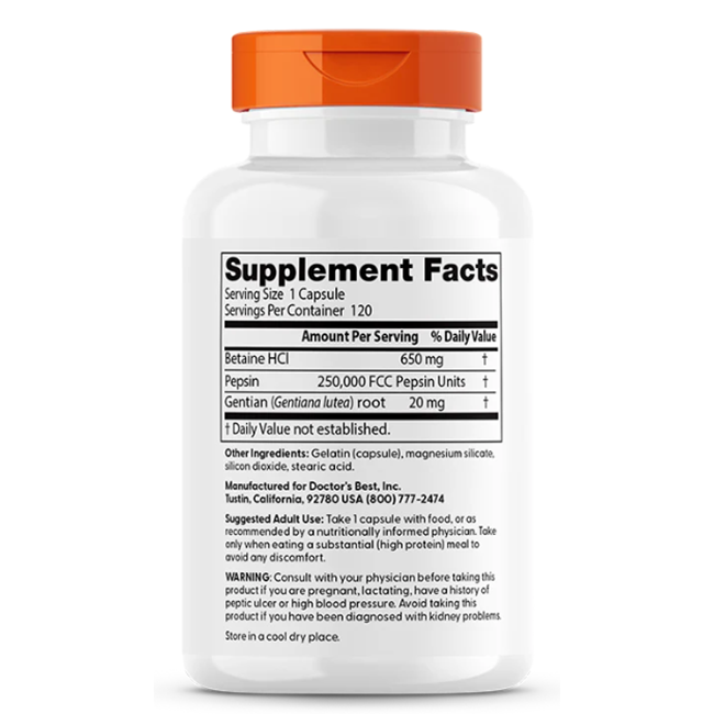 Betaine HCL Pepsin & Gentian Bitters, 120 Capsules