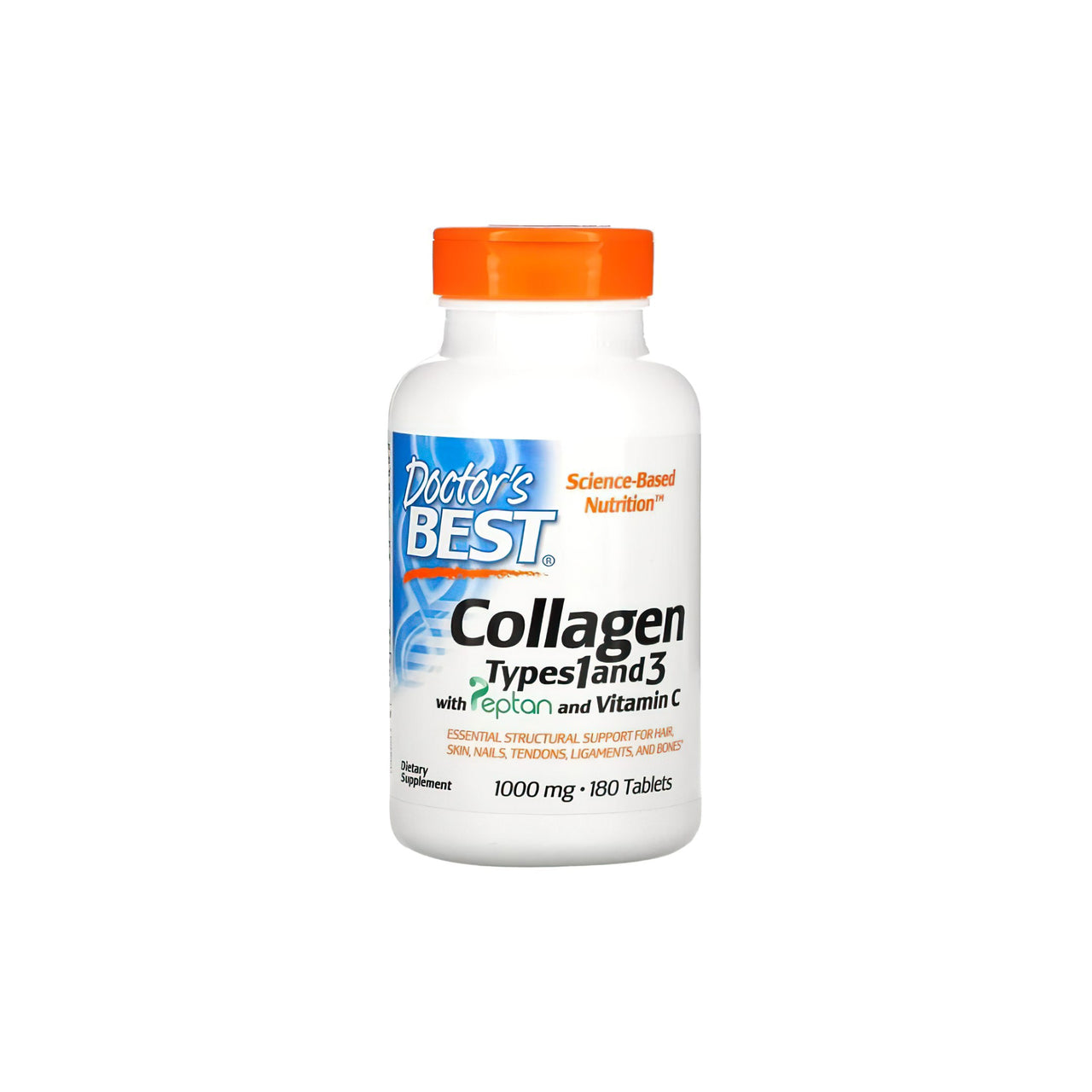 A bottle of Doctor's Best Collagen types 1 and 3 1000 mg 180 tablets, the best collagen supplement.