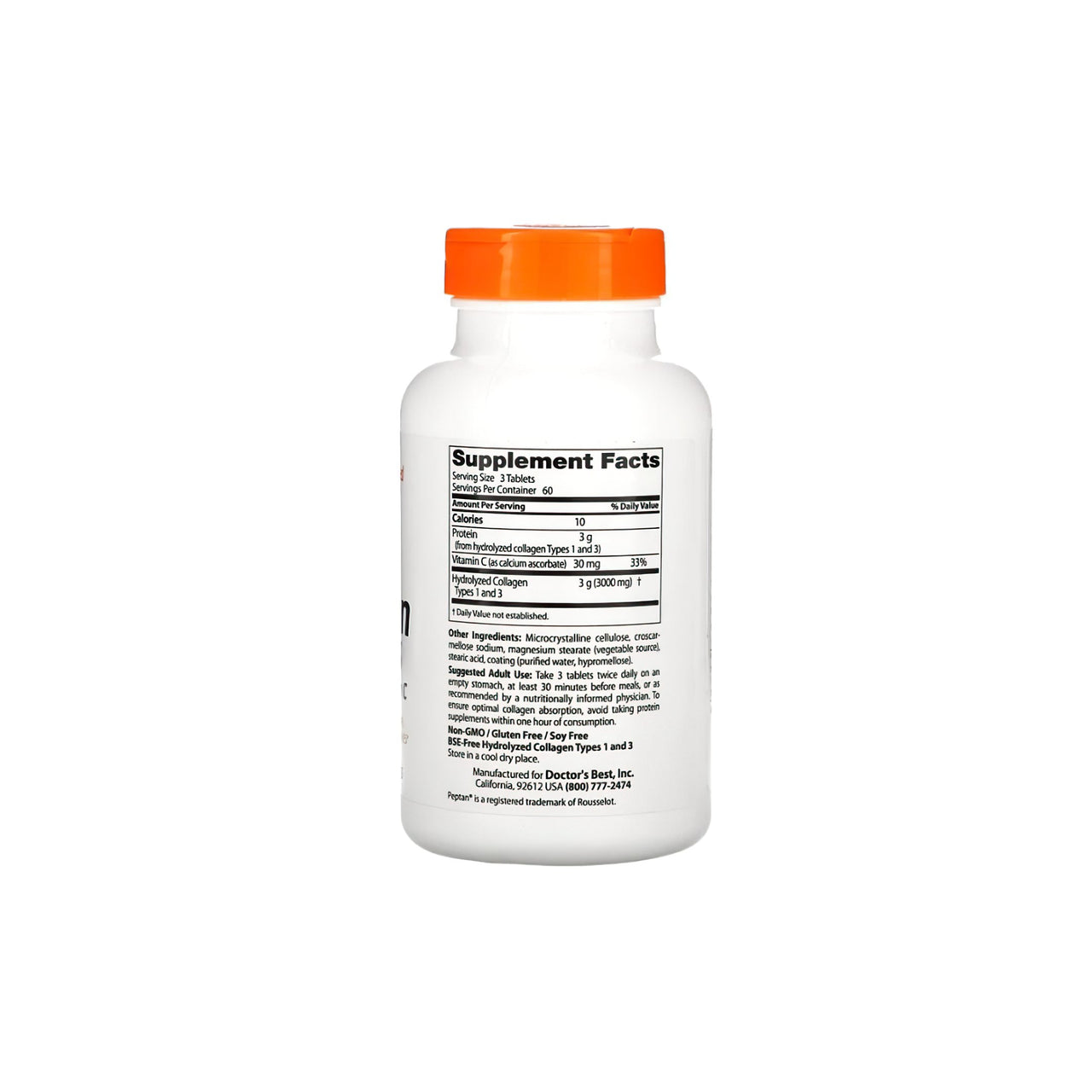 A bottle of Doctor's Best Collagen types 1 and 3 1000 mg 180 tablets on a white background.