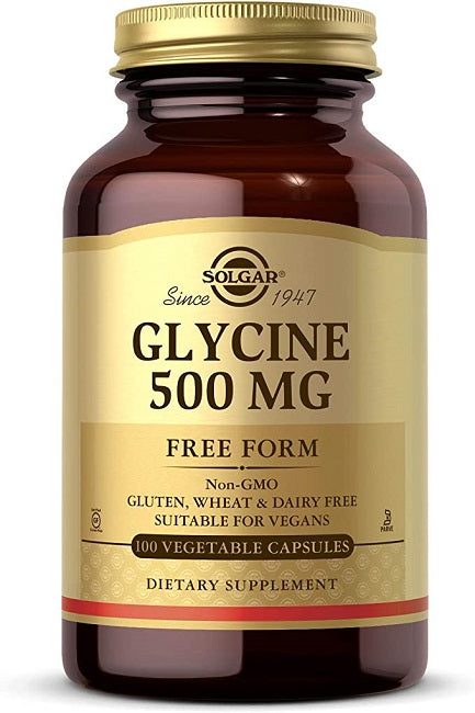 A bottle of Solgar Glycine 500 mg 100 Vegetable Capsules free form.