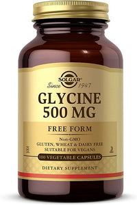 Thumbnail for A bottle of Solgar Glycine 500 mg 100 Vegetable Capsules free form.