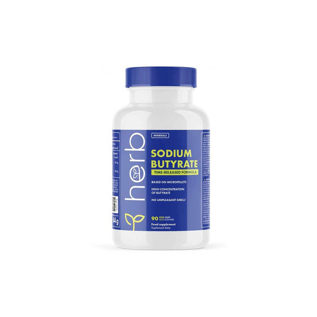 A bottle of Herb Sodium Butyrate 300 mg, focusing on digestive health, comes with a blue and white label and includes 90 vege capsules.