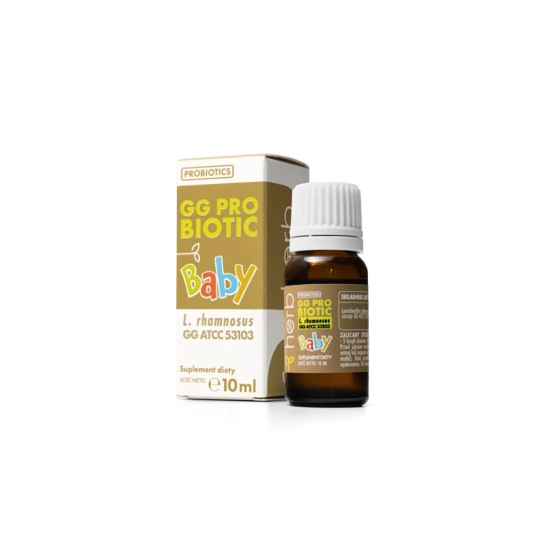 A small brown bottle of Herb's GG Probiotic Baby supplement, containing essential digestive support with Lactobacillus rhamnosus, is placed next to its packaging. Net volume: 10 ml.