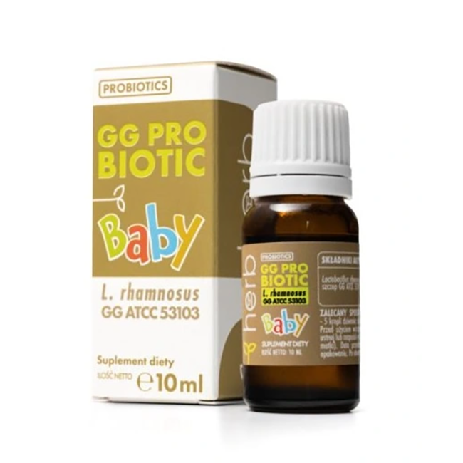 A 10ml bottle of Herb's GG Probiotic Baby, designed for digestive support, is positioned next to its packaging. The label reveals it contains Lactobacillus rhamnosus GG ATCC 53103.