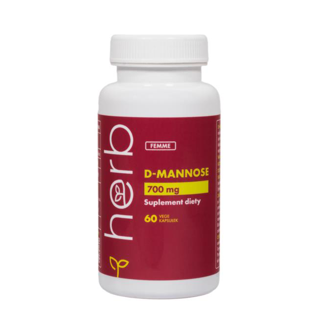 A bottle of Herb's dietary supplement, D-Mannose 700 mg 60 Vege Capsules, is ideal for supporting urinary tract health. It comes with a distinctive red label and sleek white packaging.