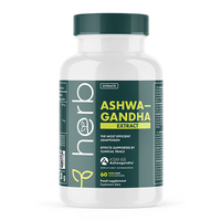 Thumbnail for A white plastic bottle containing Ashwagandha Extract 200 mg Vege Capsules by the brand Herb is prominently labeled in green to display its Ayurvedic medicinal properties, adaptogen dosage, and supplement facts.