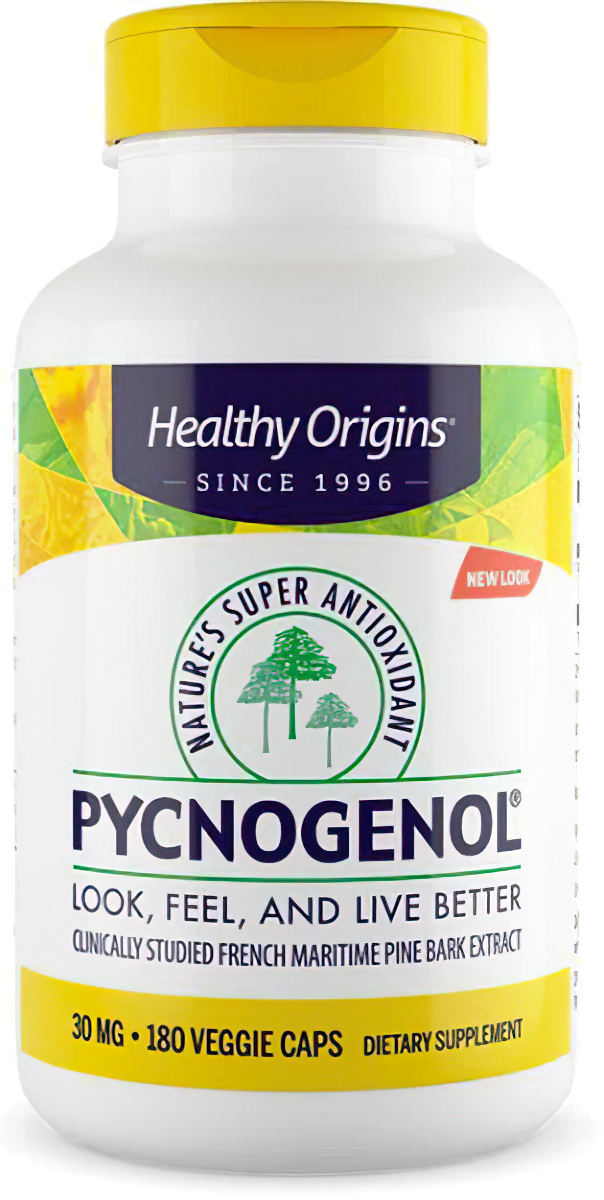 A bottle of Healthy Origins Pycnogenol 30 mg 180 vege capsules, a cardiovascular health dietary supplement rich in antioxidants.