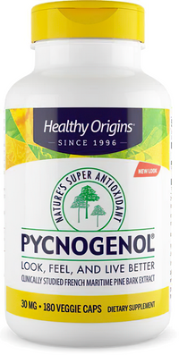 Thumbnail for A bottle of Healthy Origins Pycnogenol 30 mg 180 vege capsules, a cardiovascular health dietary supplement rich in antioxidants.