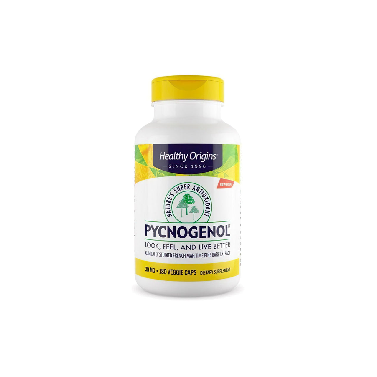 A bottle of Healthy Origins' antioxidant dietary supplement, Pycnogenol 30 mg 180 vege capsules, for cardiovascular health.
