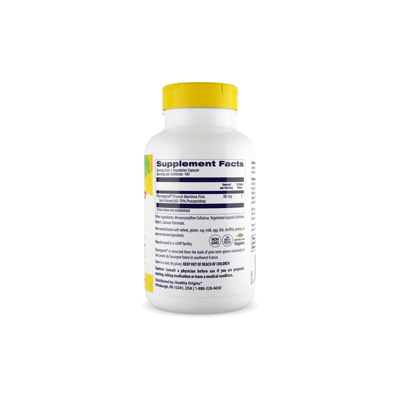 A dietary supplement bottle of Pycnogenol 30 mg 180 vege capsules, a powerful antioxidant for cardiovascular health, showcased on a clean white background, by Healthy Origins.