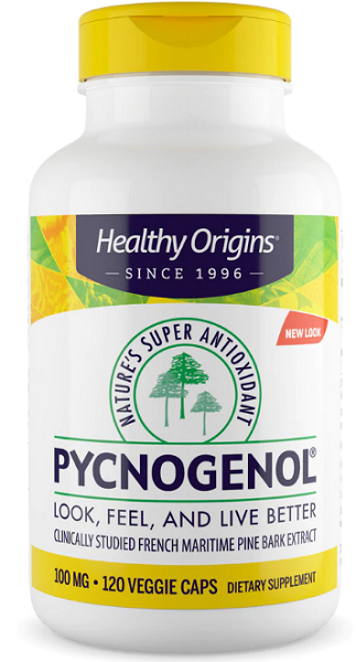 A bottle of antioxidant-rich Healthy Origins Pycnogenol 100 mg 120 vege capsules, derived from sea pine bark extract. Perfect for promoting cardiovascular health.