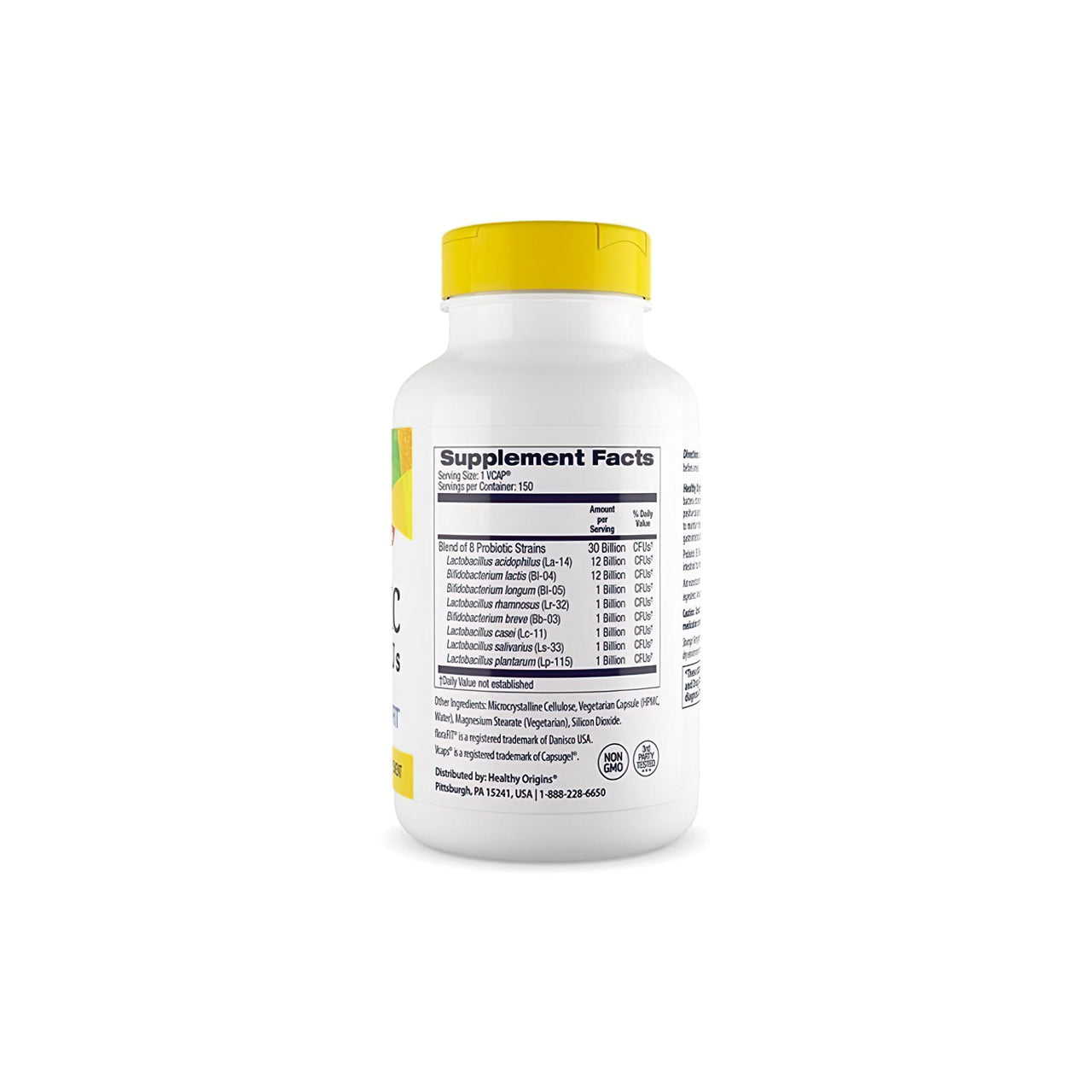 A bottle of Probiotic 30 Billion CFU 150 vege capsules, promoting a healthy immune system, placed against a clean white background. (Brand: Healthy Origins)