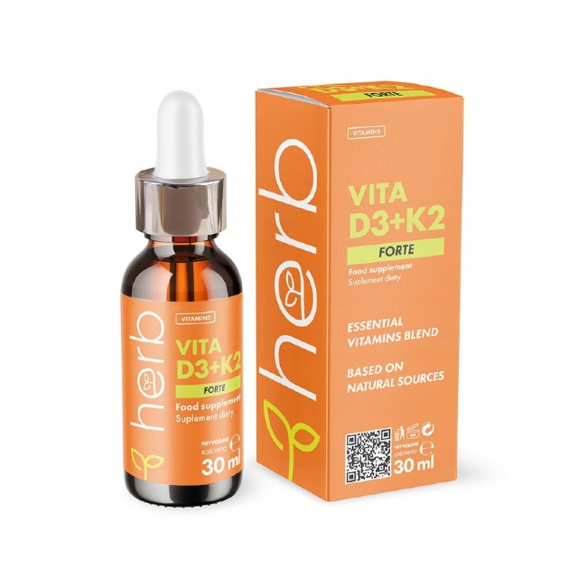 A 30ml dropper bottle of Herb Vitamin D3 + K2, which focuses on supporting cardiovascular health, is placed next to its vibrant orange packaging. The box emphasizes the inclusion of essential vitamins like naturally sourced Vitamin D3 and Vitamin K2.