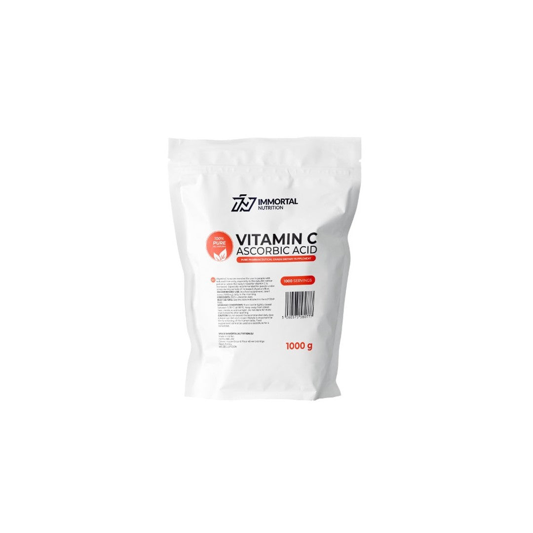 Immortal Nutrition's VITAMIN C 100% PURE 1000g L-ASCORBIC ACID powder, known for its immune system boosting properties and collagen production benefits, displayed on a clean white background.