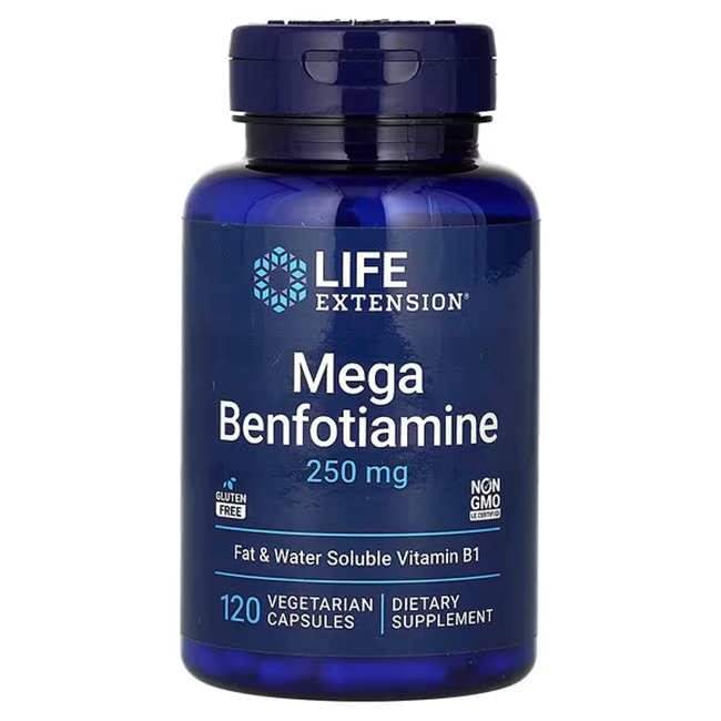 A bottle of Life Extension Mega Benfotiamine, 250 mg, in blue packaging includes 120 vegetarian capsules. It is labeled as gluten-free and non-GMO and may offer antioxidant effects to aid in glucose metabolism.