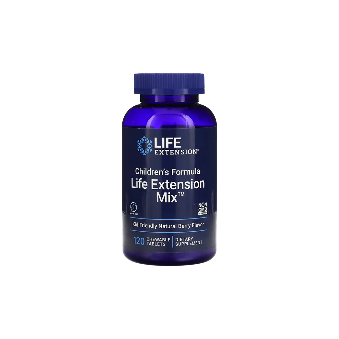 Life Extension's Children's Formula Life Extension Mix comes in a blue bottle with "Kid-Friendly Natural Berry Flavor" and includes 120 chewable tablets.