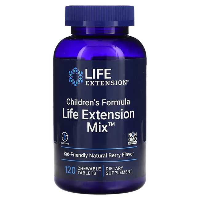 Blue bottle labeled "Childrens Formula Life Extension Mix" by Life Extension, containing 120 chewable tablets. These natural berry-flavored dietary supplements are kid-friendly and deliver essential vitamins and minerals for children in every bite.