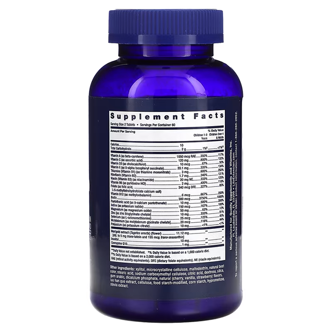 A bottle of the Children's Formula Life Extension Mix, containing 120 chewable tablets from Life Extension, showcases a blue design with a label that includes nutritional facts in white text, emphasizing its purpose as a vitamin and mineral supplement crafted specifically for children.